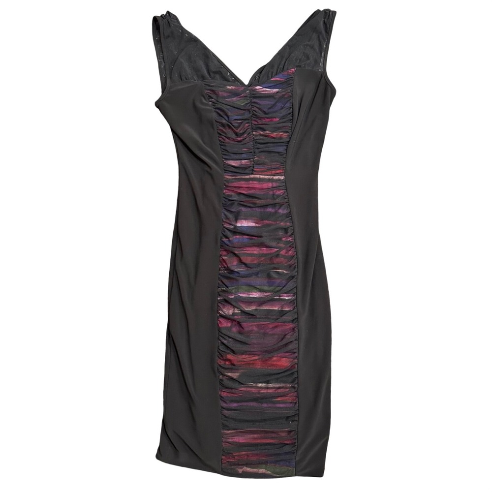 Cache Women Black Ruched Mesh Abstract Print Handkerchief Hem Maxi Dress Size 0